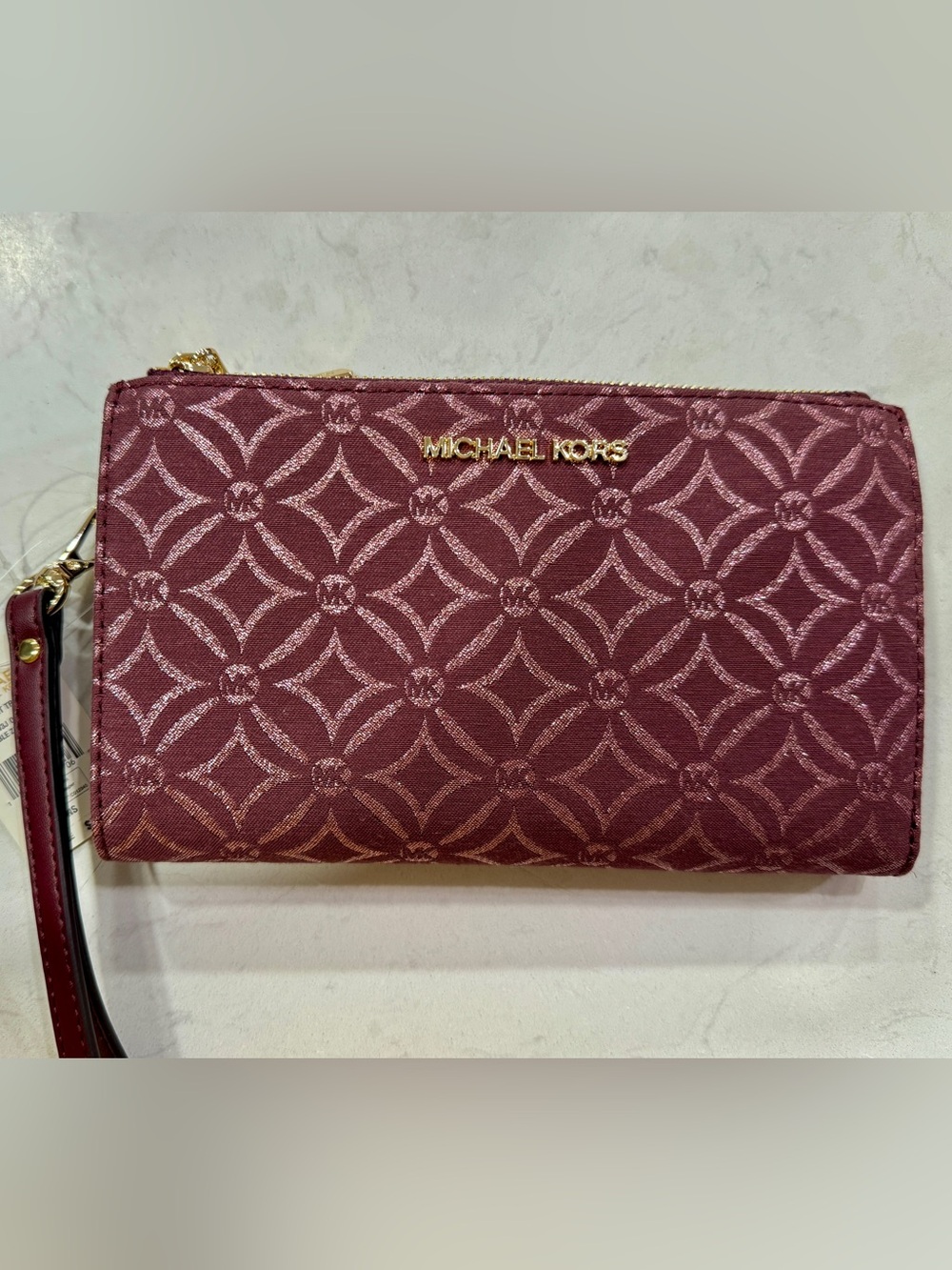 Michael Kors Jet Set Travel Large Double Zip Wristlet Oxblood Metallic Logo
